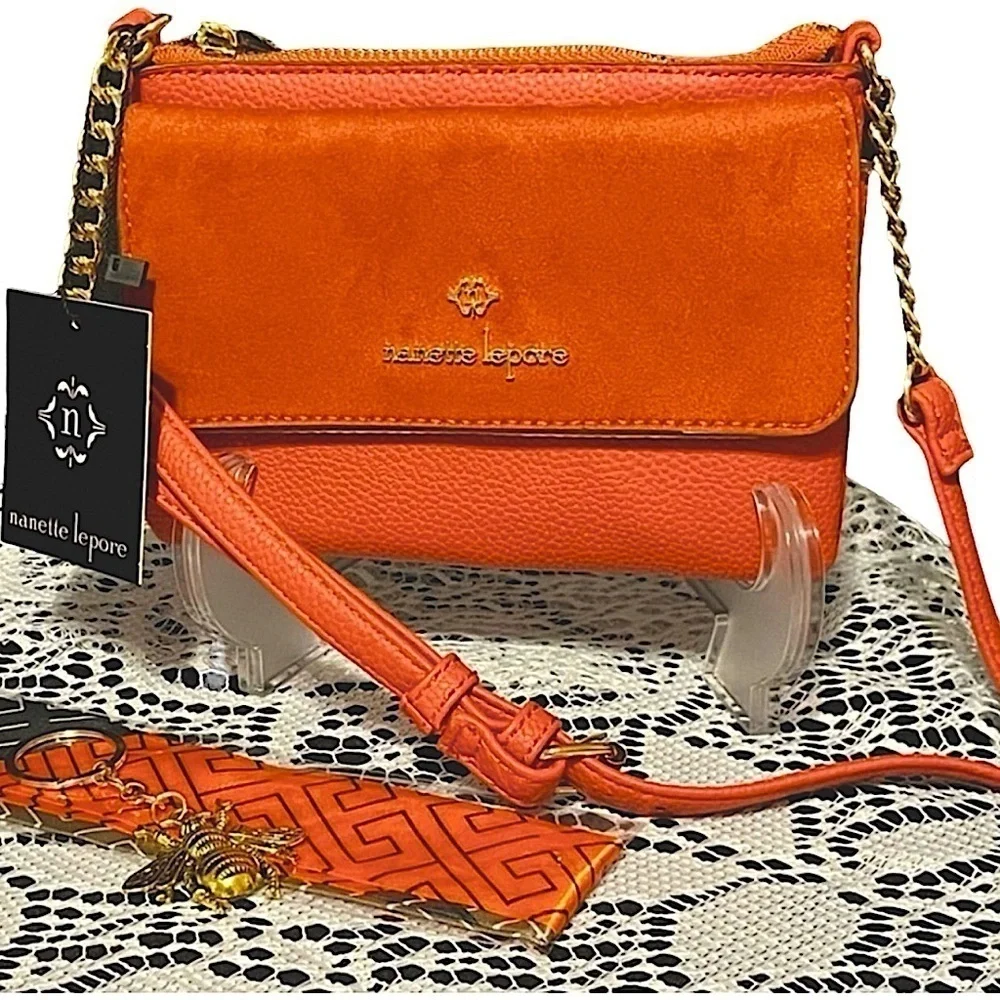 NANETTE LEPORE MSRP $39 Crossbody Bag with Suede Flap & Vegan Leather in Pumpkin - Picture 9 of 10